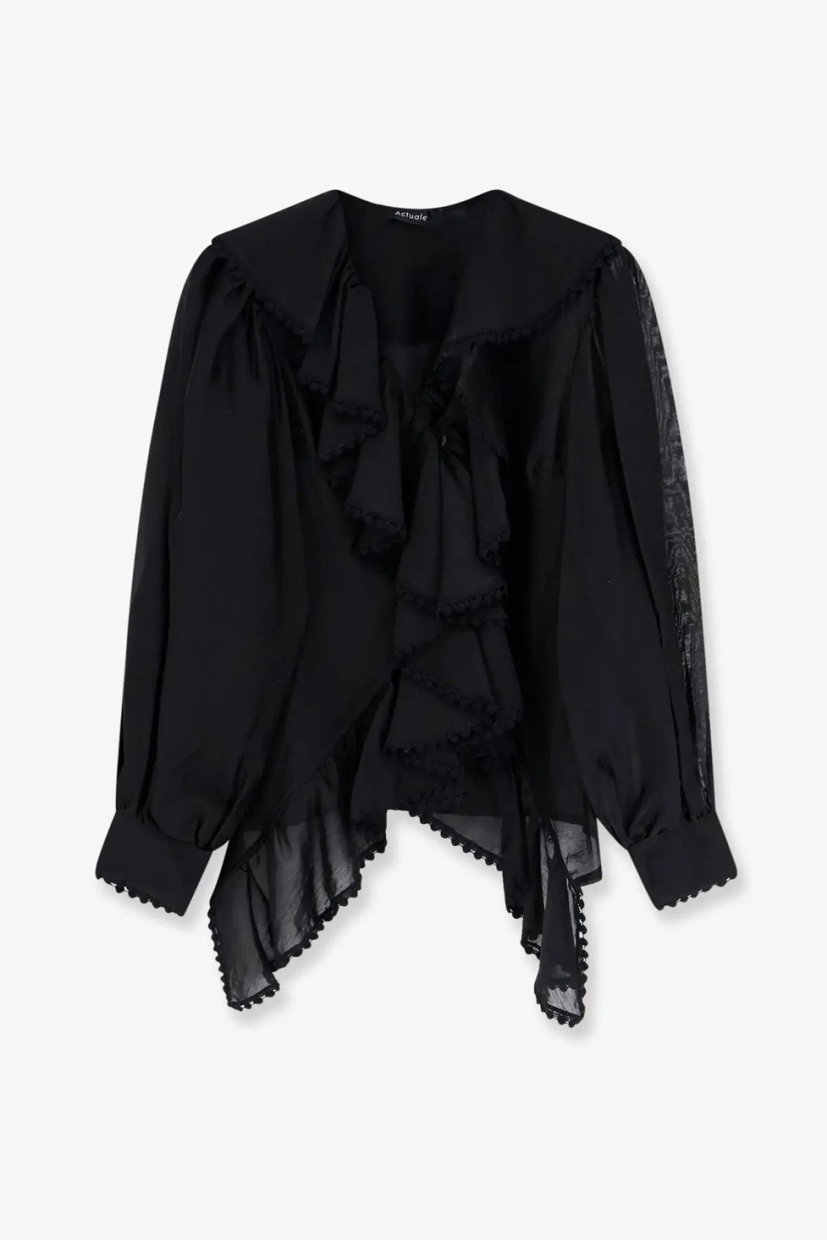 Actualee women’s shirt black sheer blouse with ruffled detailing and lace trim on the sleeves
