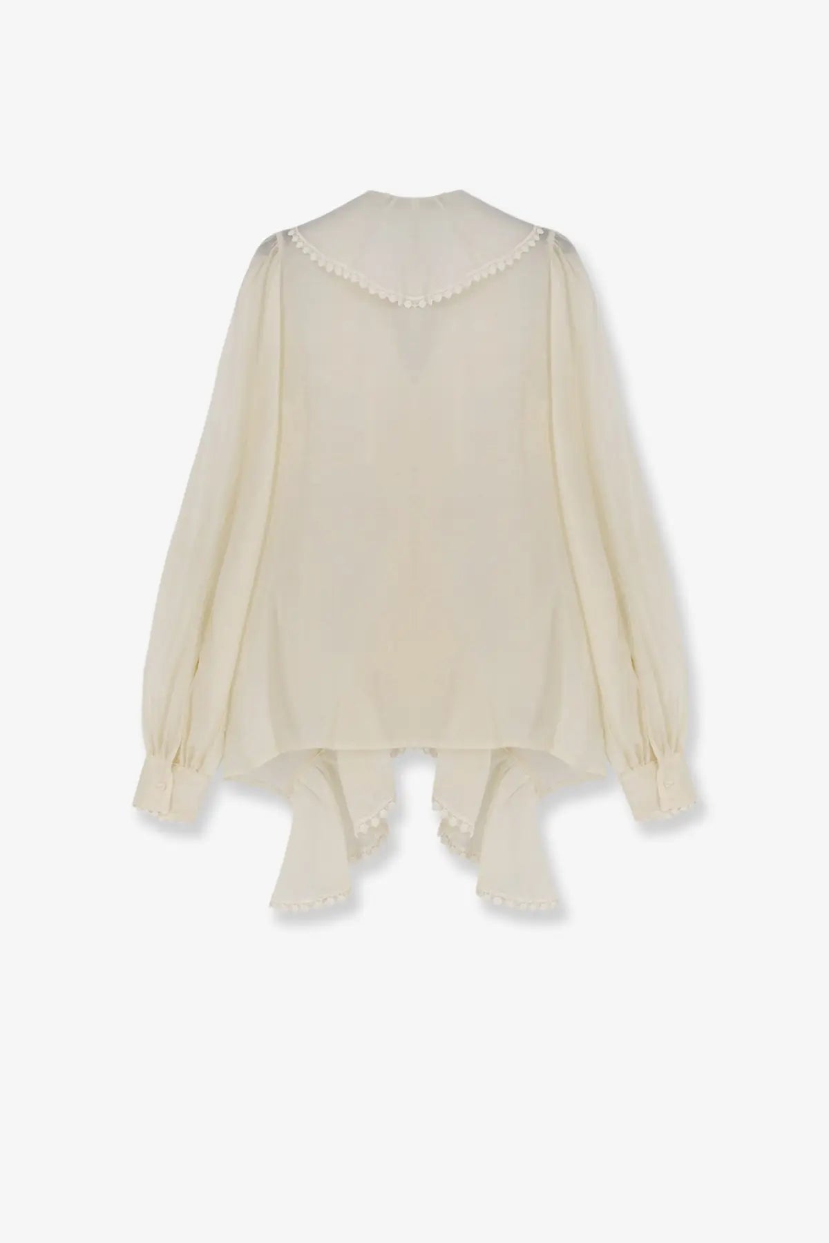 Actualee women’s cream-colored sheer blouse with pearl-trimmed collar and ruffled hem in white fabric