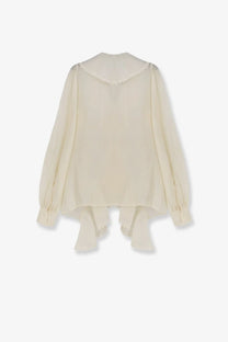 Actualee women’s cream-colored sheer blouse with pearl-trimmed collar and ruffled hem in white fabric