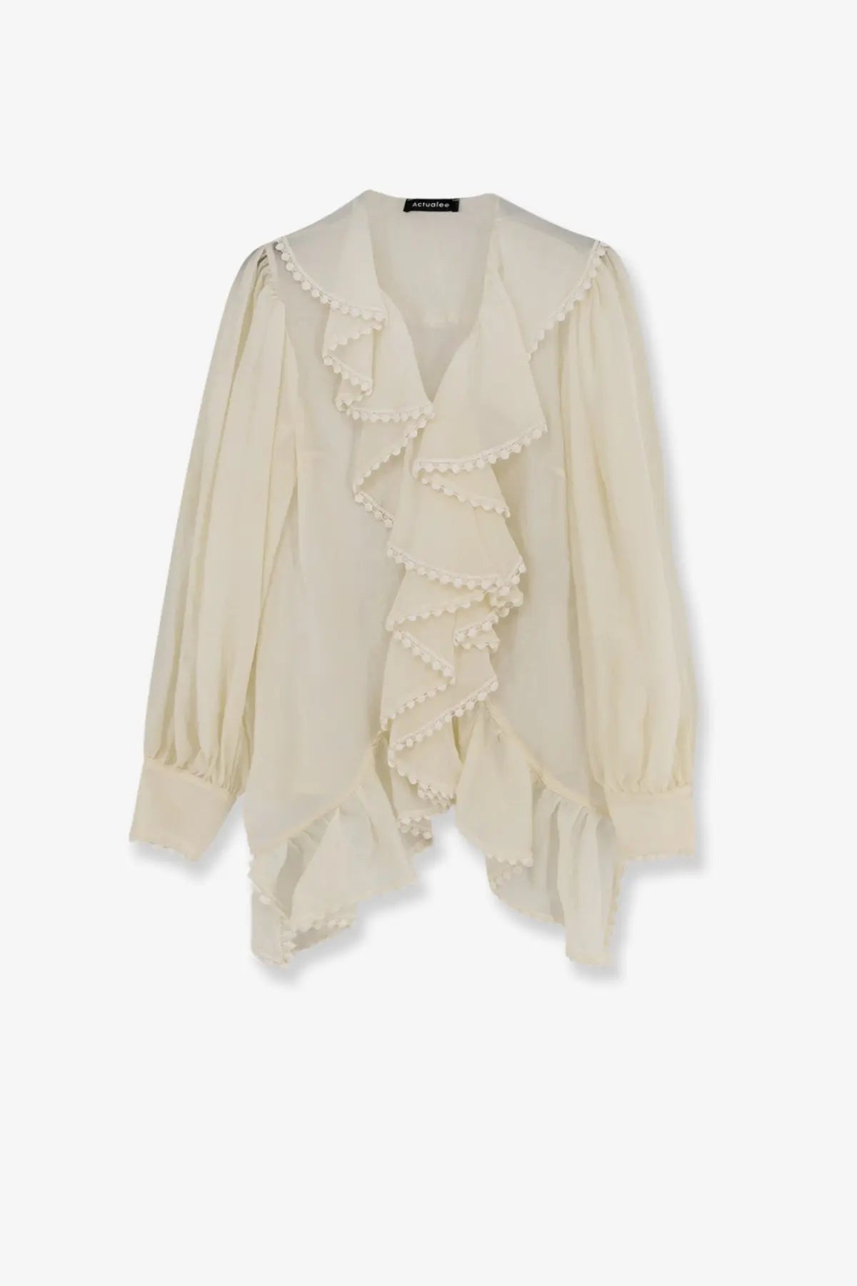 Actualee women’s white blouse with delicate ivory fabric featuring layered ruffles and a soft flowing silhouette