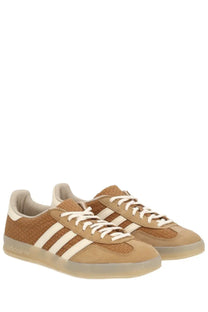 Adidas men’s Gazelle indoor sneaker in beige with tan suede and woven textile and cream laces with three-stripe detailing