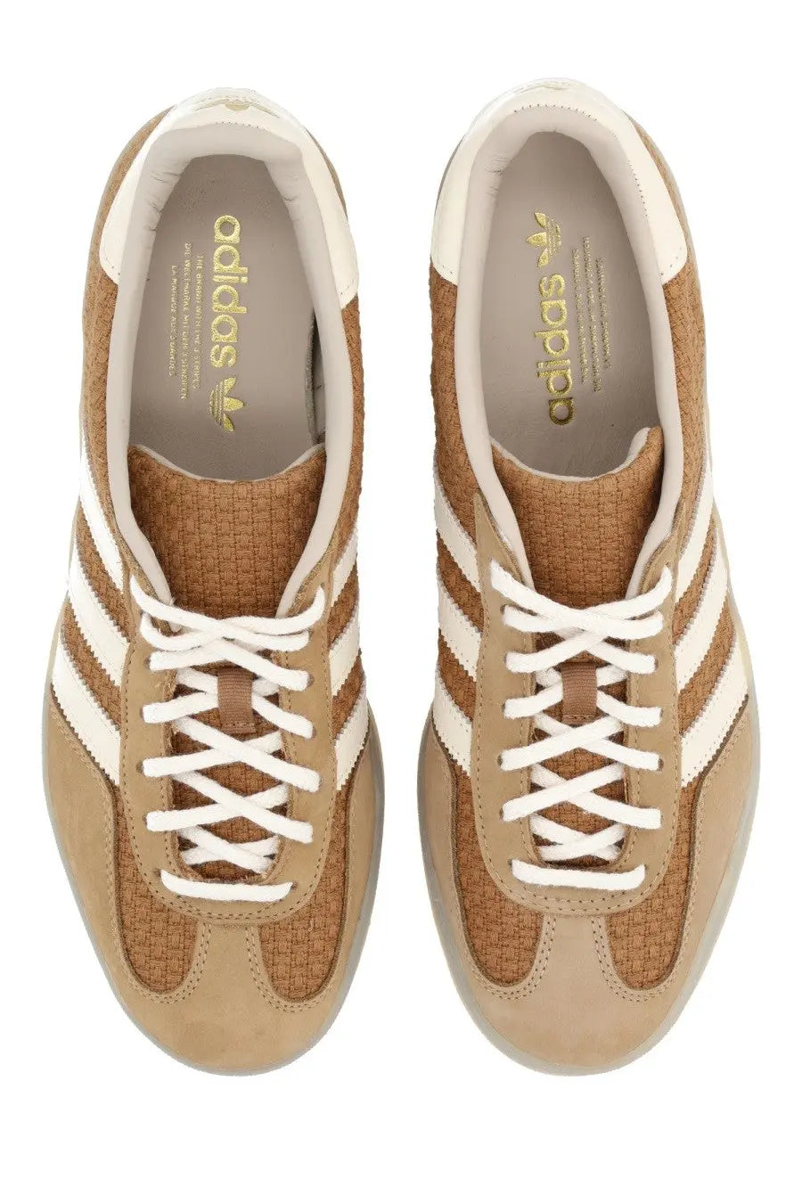 Adidas men’s gazelle indoor sneaker in beige featuring tan suede and woven textile with white stripes and laces