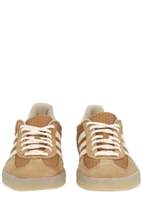 Adidas men’s gazelle indoor sneaker in beige tan suede and woven textile with white laces and three-stripe detailing