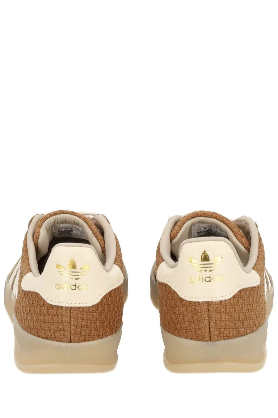 Adidas men’s gazelle indoor sneaker beige showing back side with tan woven texture cream accents and gold branding