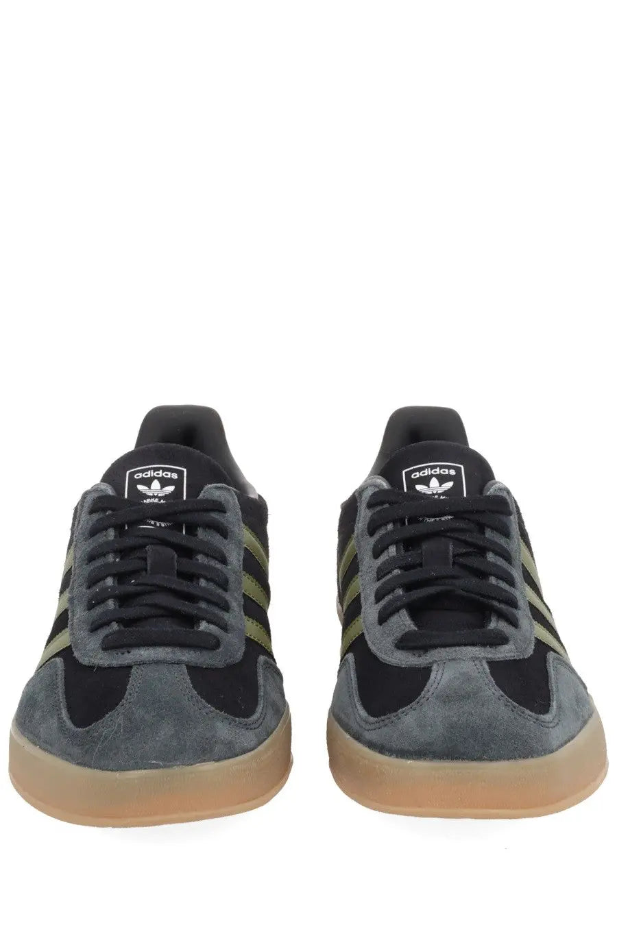 Adidas men’s Gazelle indoor sneaker in black and olive green suede with a gum rubber sole