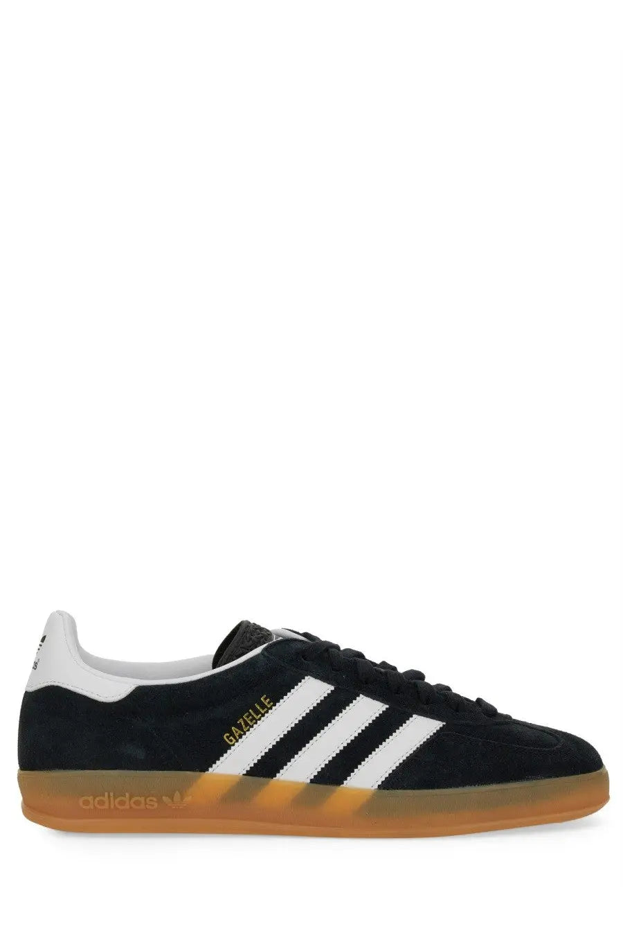 Adidas men’s gazelle indoor sneaker black suede with white three stripes gold lettering and gum rubber sole