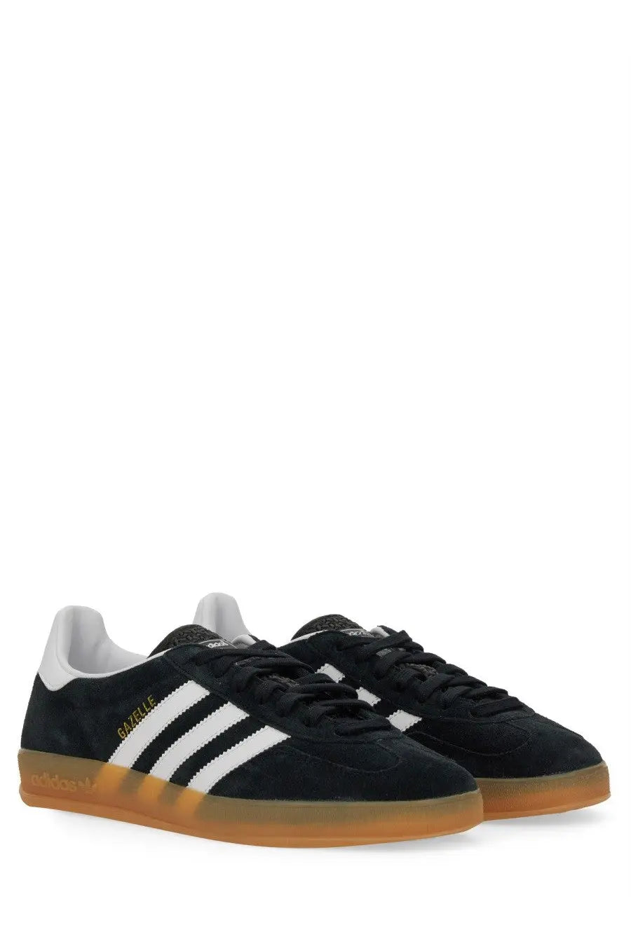 Adidas men’s gazelle indoor sneaker in black black suede with white stripes and gum rubber sole