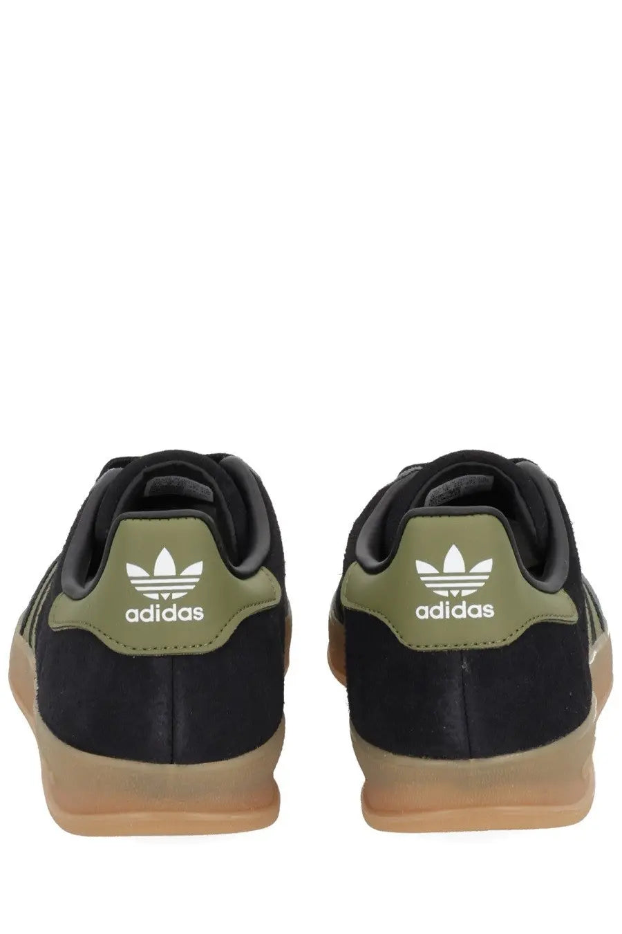 Adidas men’s Gazelle indoor sneaker in black suede with olive green heel tabs and gum-colored rubber soles back view