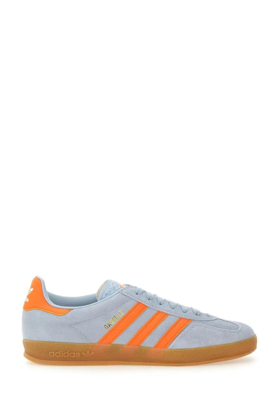 Adidas men’s gazelle indoor sneaker in light blue suede with vibrant orange stripes and gum rubber sole