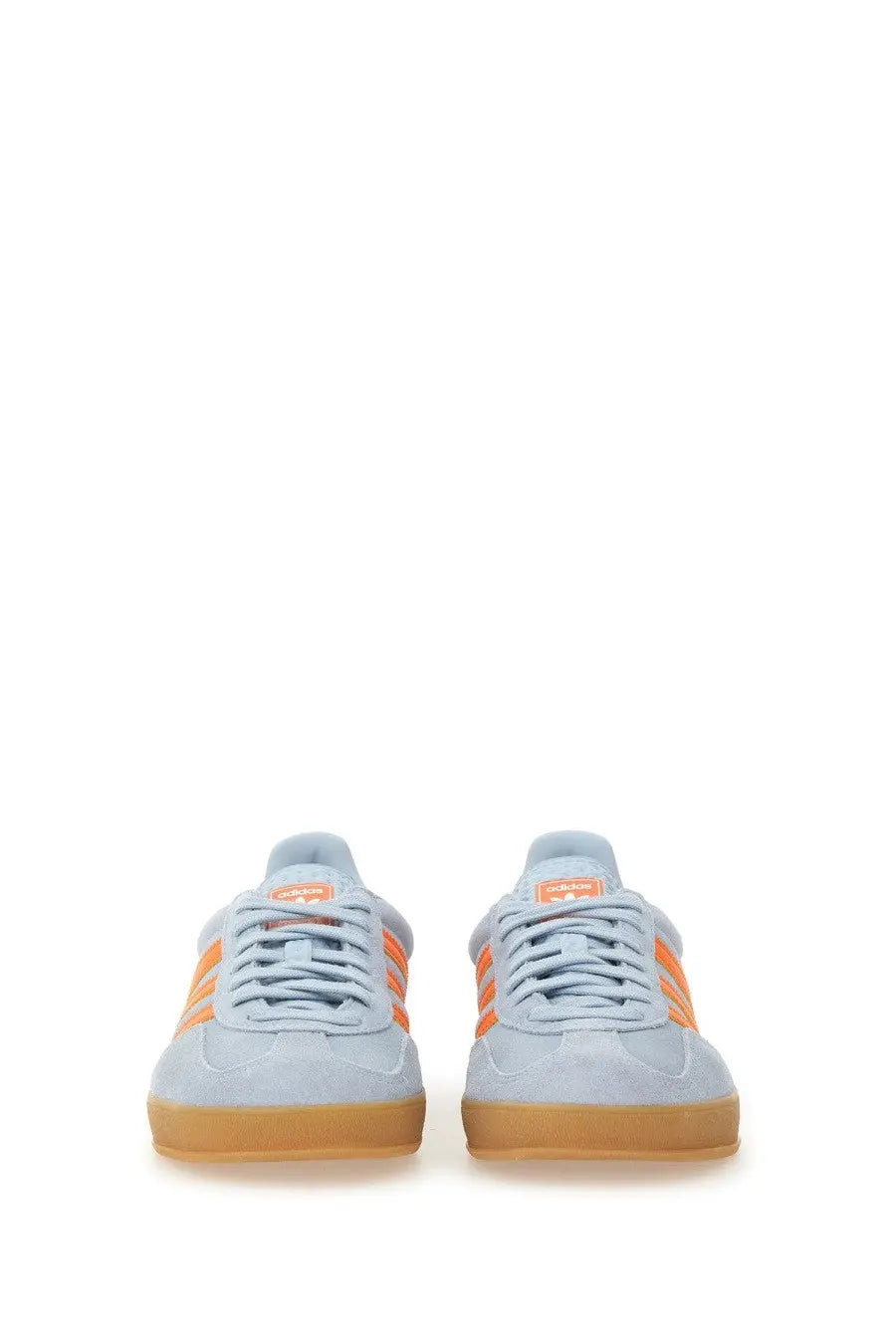 Adidas men’s gazelle indoor sneaker in light blue suede with orange stripes and gum rubber soles