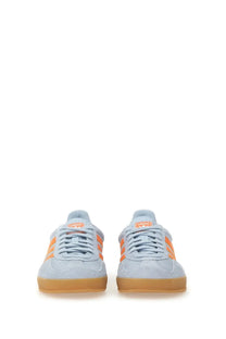 Adidas men’s gazelle indoor sneaker in light blue suede with orange stripes and gum rubber soles