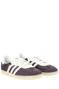 Adidas men’s Samba OG sneaker brown features dark brown suede, white laces, three stripes, and light beige sole