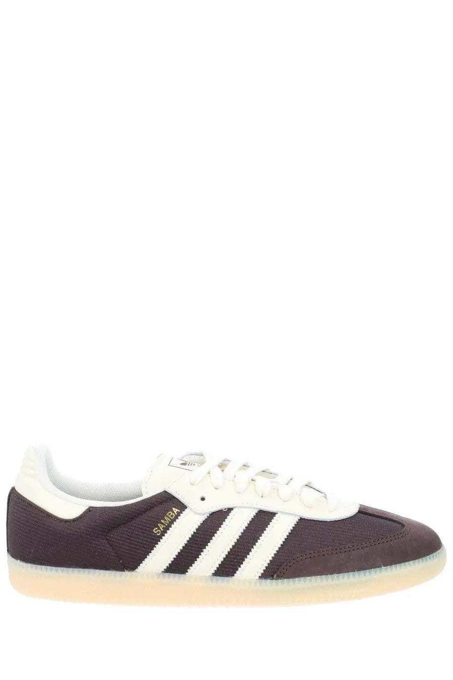 Adidas men’s Samba OG sneaker brown with brown and white canvas upper three stripes and gum rubber sole