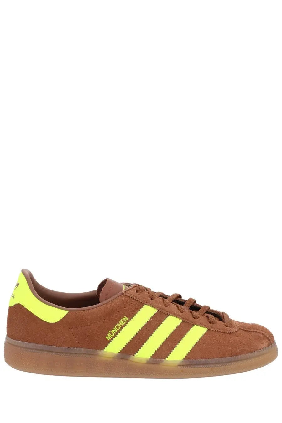Brown suede adidas münchen men’s sneaker with neon yellow three stripes and heel tab shown from the back side