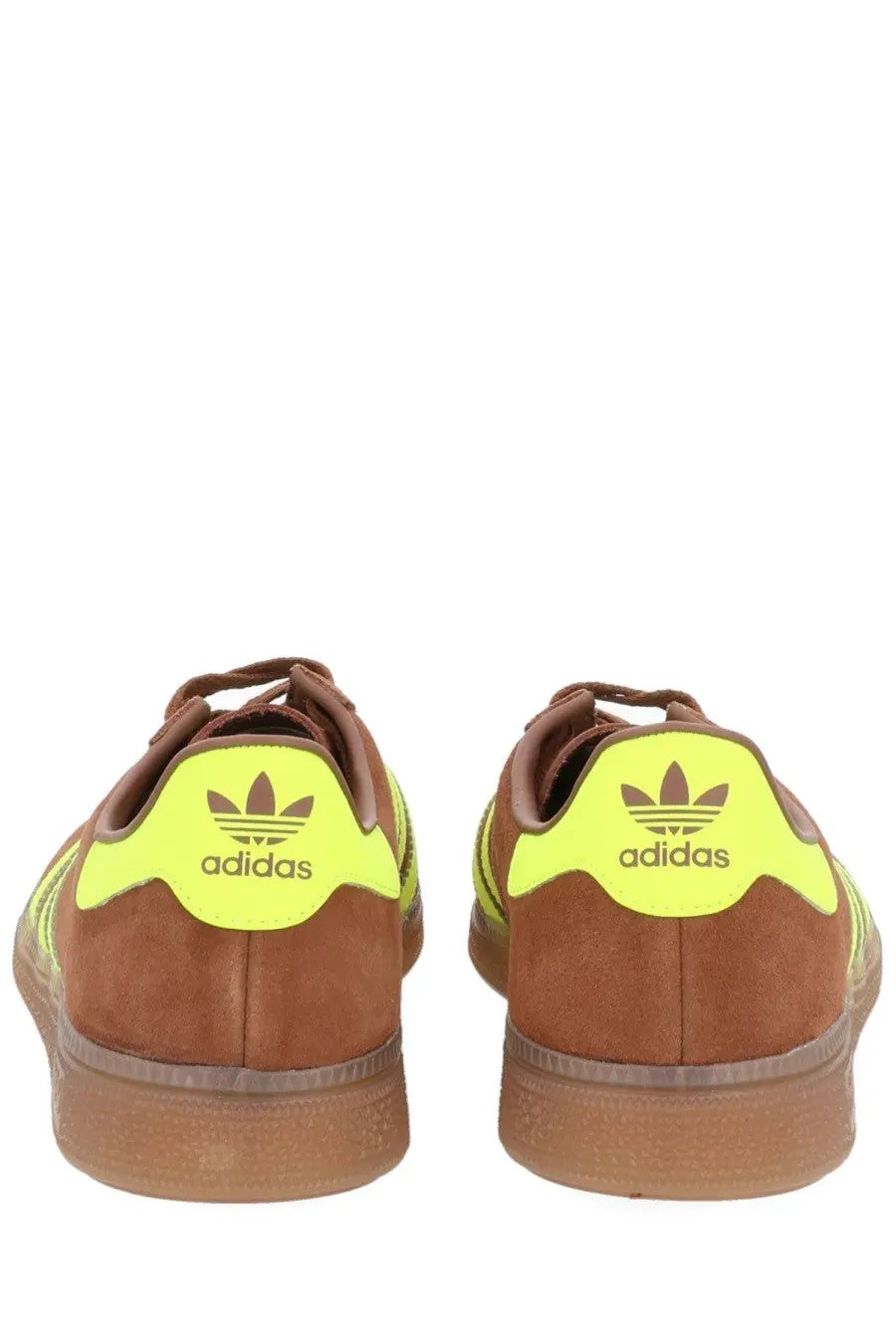 Adidas men’s sneaker muenchen multicolor brown suede with neon yellow heel tabs and matching side stripes