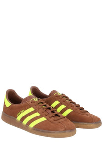 Adidas men’s sneaker muenchen multicolor brown suede with neon yellow stripes and muenchen branding