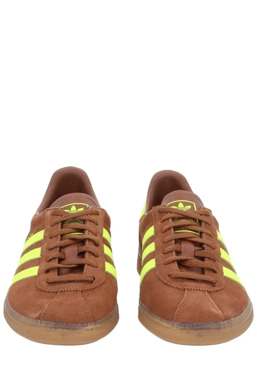 Adidas men’s sneaker Muenchen multicolor in brown suede with neon yellow stripes and matching laces