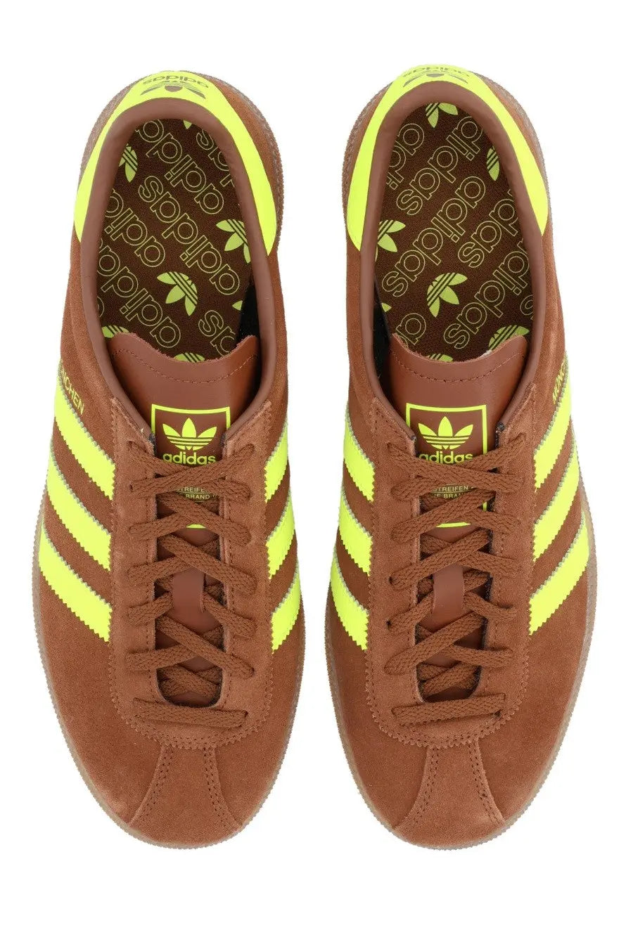Adidas men’s sneaker muenchen brown suede with neon yellow three stripes and branded interior lining