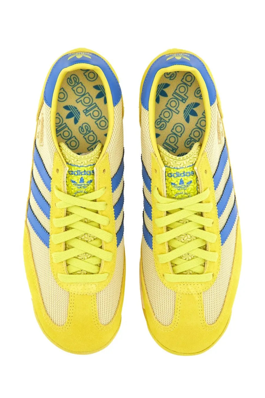 Adidas men’s sneaker multicolor with bright yellow and blue mesh upper suede accents and iconic three stripes