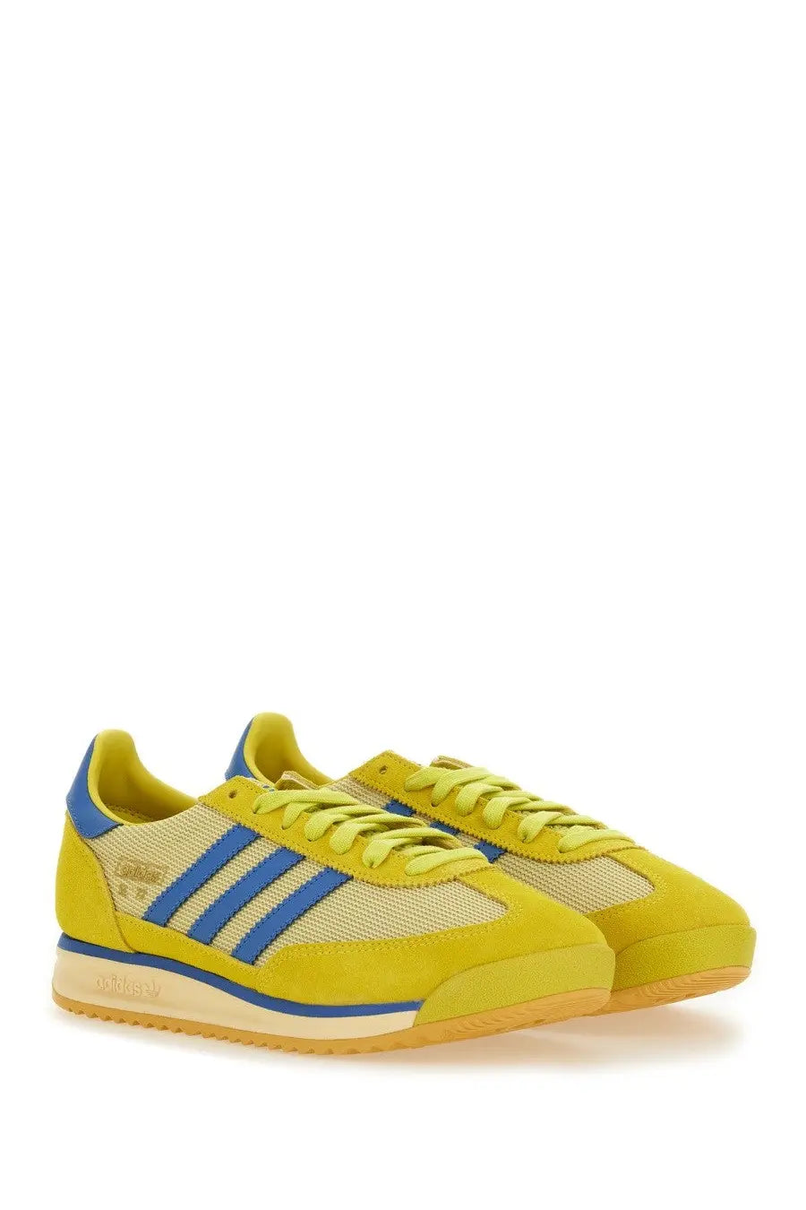 Adidas men’s sneaker multicolor with vibrant yellow and blue mesh upper suede accents and classic three-stripe design