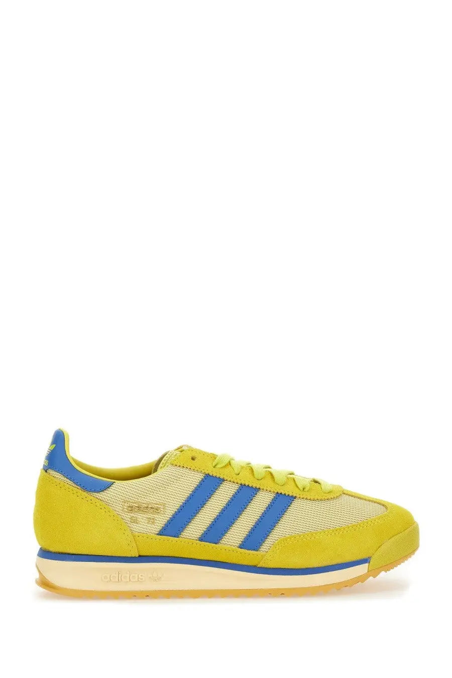 Vibrant yellow adidas men’s sneaker with bold blue stripes and suede accents in multicolor design