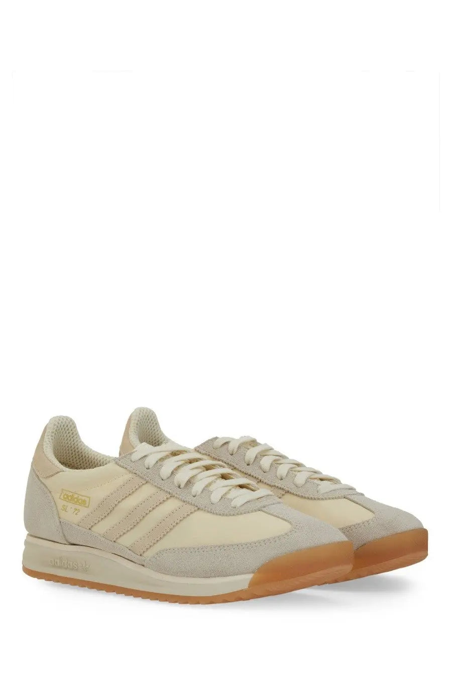 Adidas men’s sneaker white featuring beige suede and canvas samba design with tan rubber soles