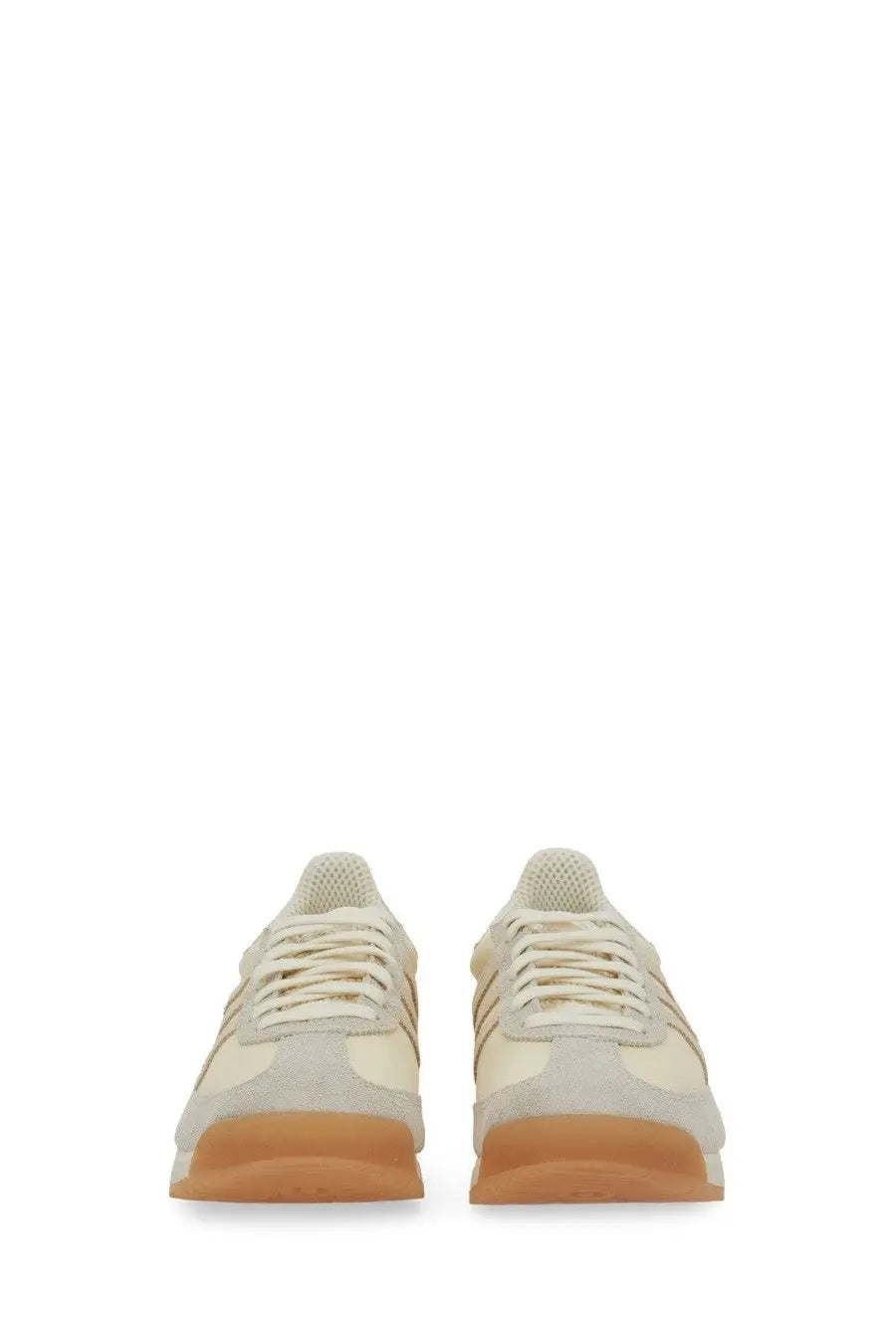 Adidas men’s sneaker white cream-colored suede and canvas with tan rubber soles and three parallel stripes on side
