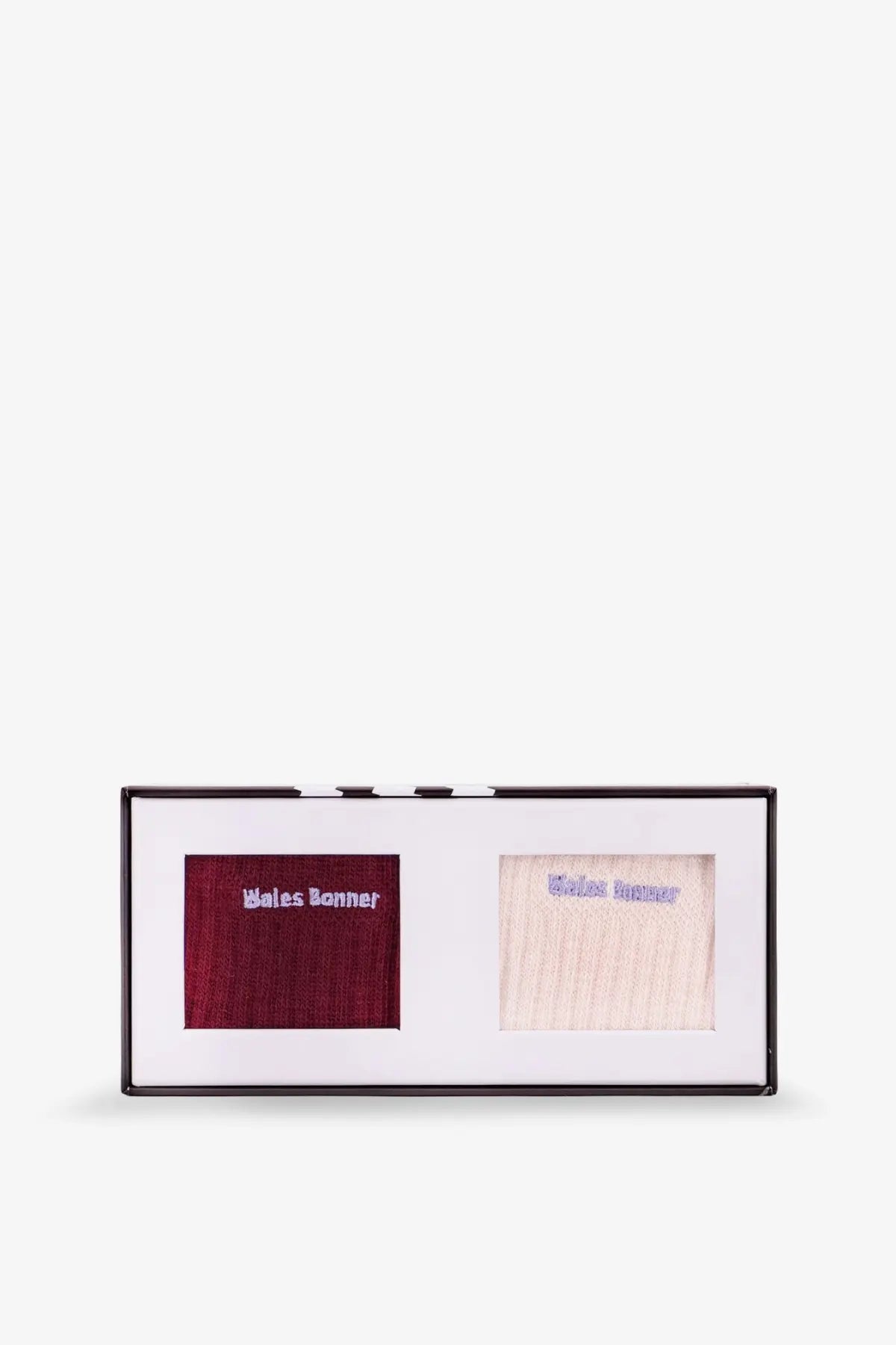 A sleek black box containing two adidas originals by wales bonner men’s cotton blend socks in burgundy and cream