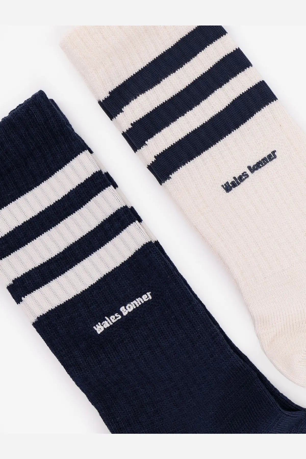 Adidas Originals by Wales Bonner men’s cotton blend crew socks in navy blue and off-white with bold stripes and embroidered logo