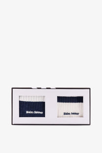 Pair of navy and white adidas originals by wales bonner men’s cotton blend socks with embroidered logo in black box