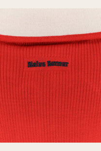 Bright red ribbed knit top with black embroidered bales banner logo at neckline from adidas Originals by Wales Bonner