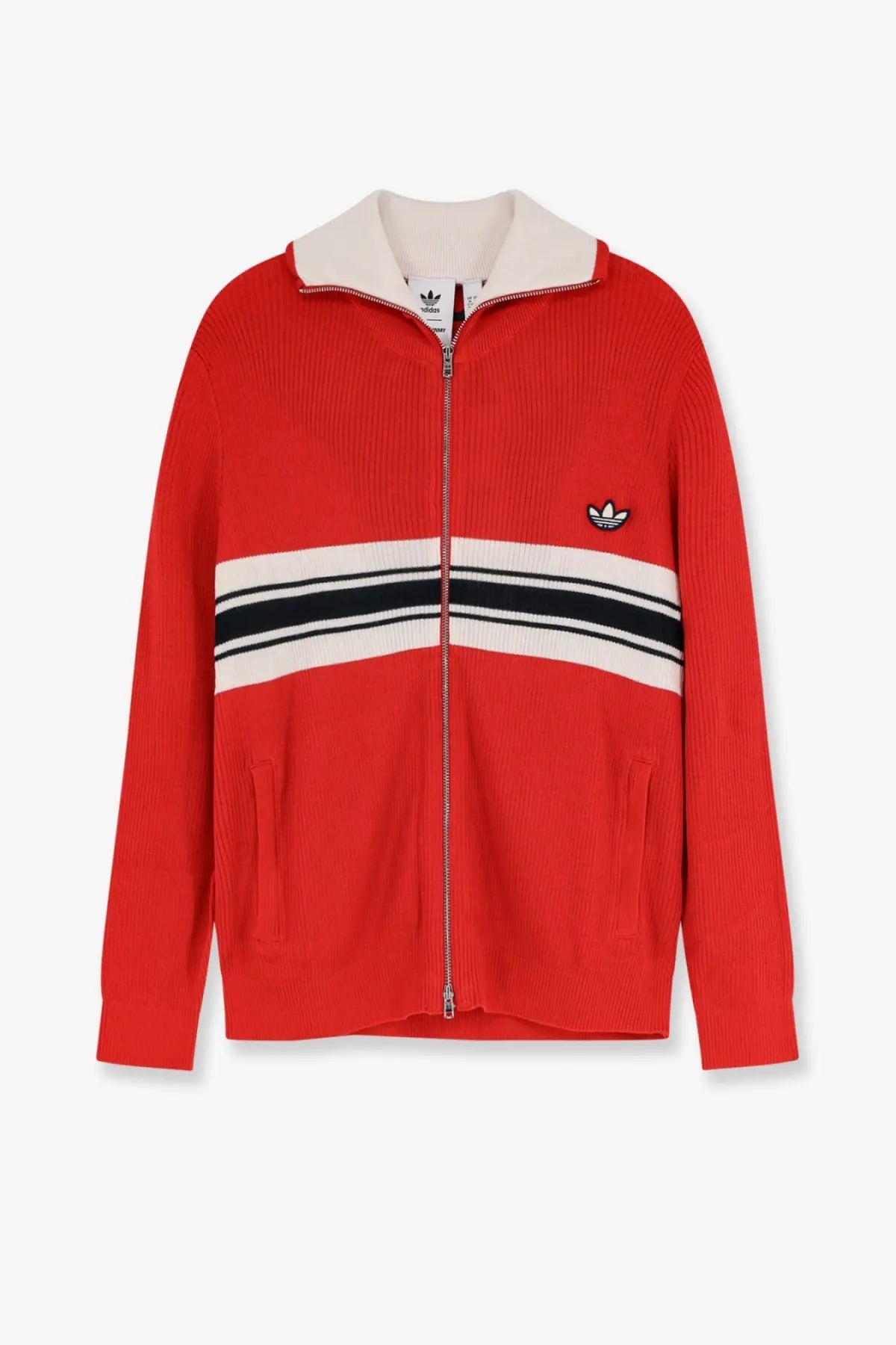 Adidas originals by wales bonner red ribbed knit track jacket with white black stripes cream collar lining and trefoil logo