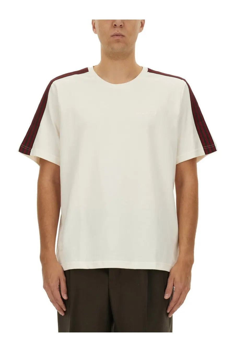 Cream-colored cotton t-shirt with maroon shoulder panels and ribbed trim from adidas originals by wales bonner