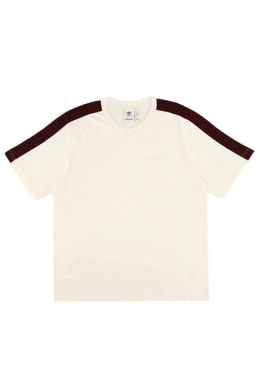 Cream-colored adidas Originals by Wales Bonner men’s t-shirt with dark maroon stripes on shoulders in white fabric