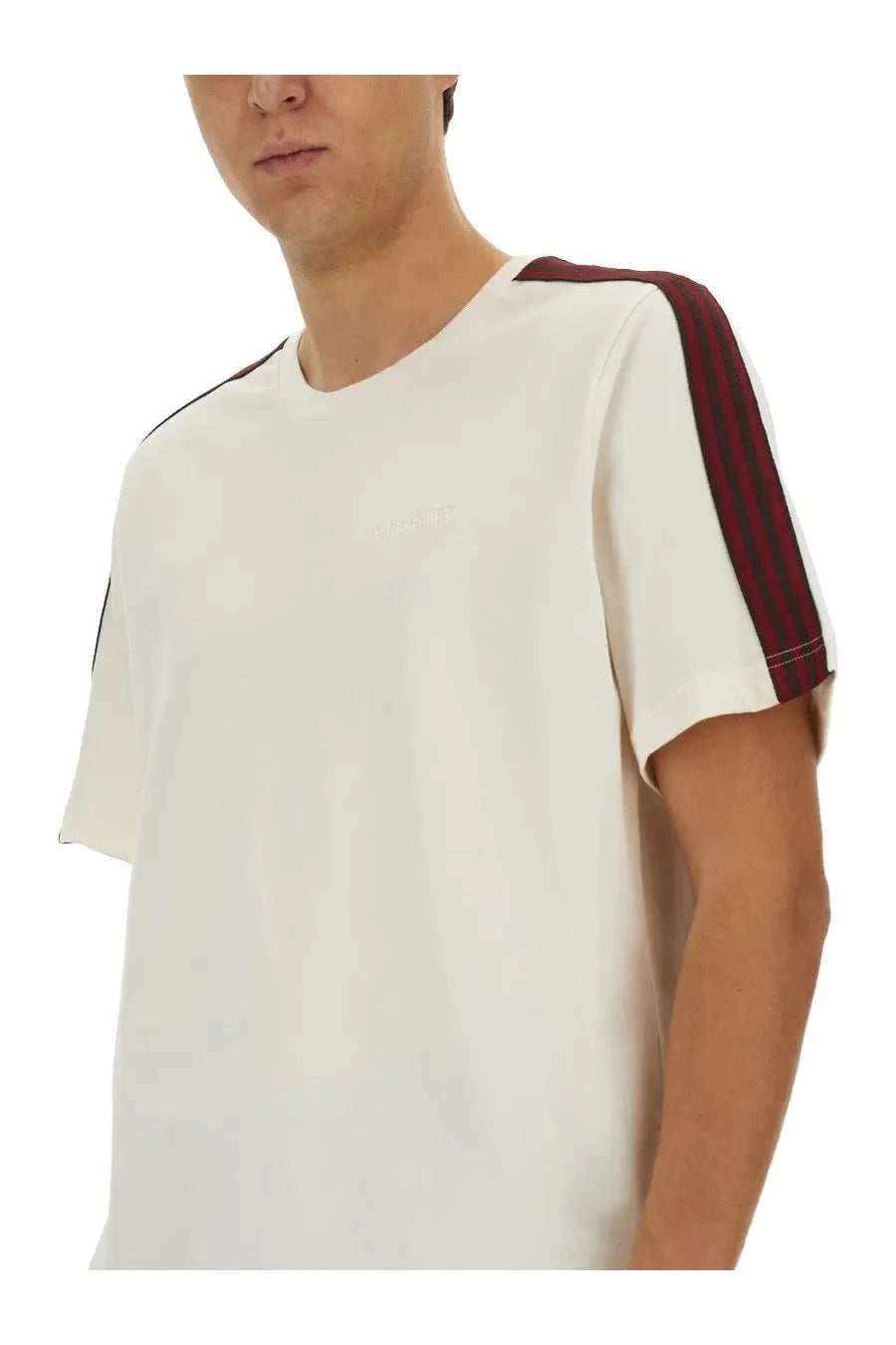 Men’s adidas Originals by Wales Bonner white t-shirt with maroon and black striped shoulder accents