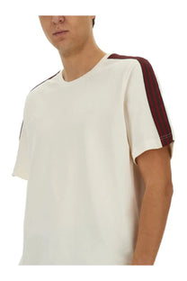 Men’s adidas Originals by Wales Bonner white t-shirt with maroon and black striped shoulder accents