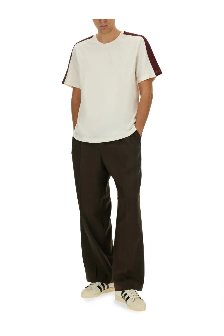 White t-shirt from adidas Originals by Wales Bonner with maroon sleeve stripes and lightweight cotton fabric