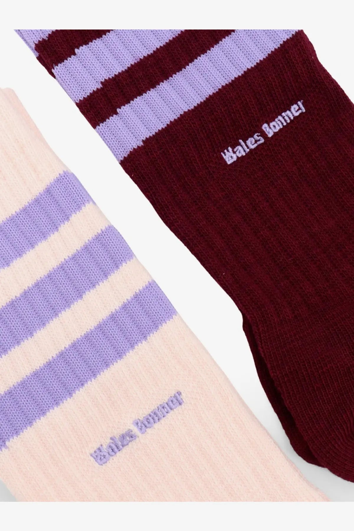 Adidas originals by wales bonner men’s two pack cotton blend socks in maroon and lavender stripes with embroidered branding