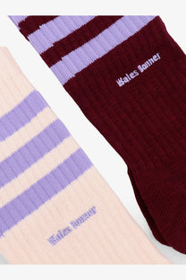 Adidas originals by wales bonner men’s two pack cotton blend socks in maroon and lavender stripes with embroidered branding