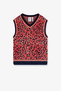 Adidas Originals by Wales Bonner men’s wool blend sleeveless vest in vibrant red and navy leopard print with ribbed trim