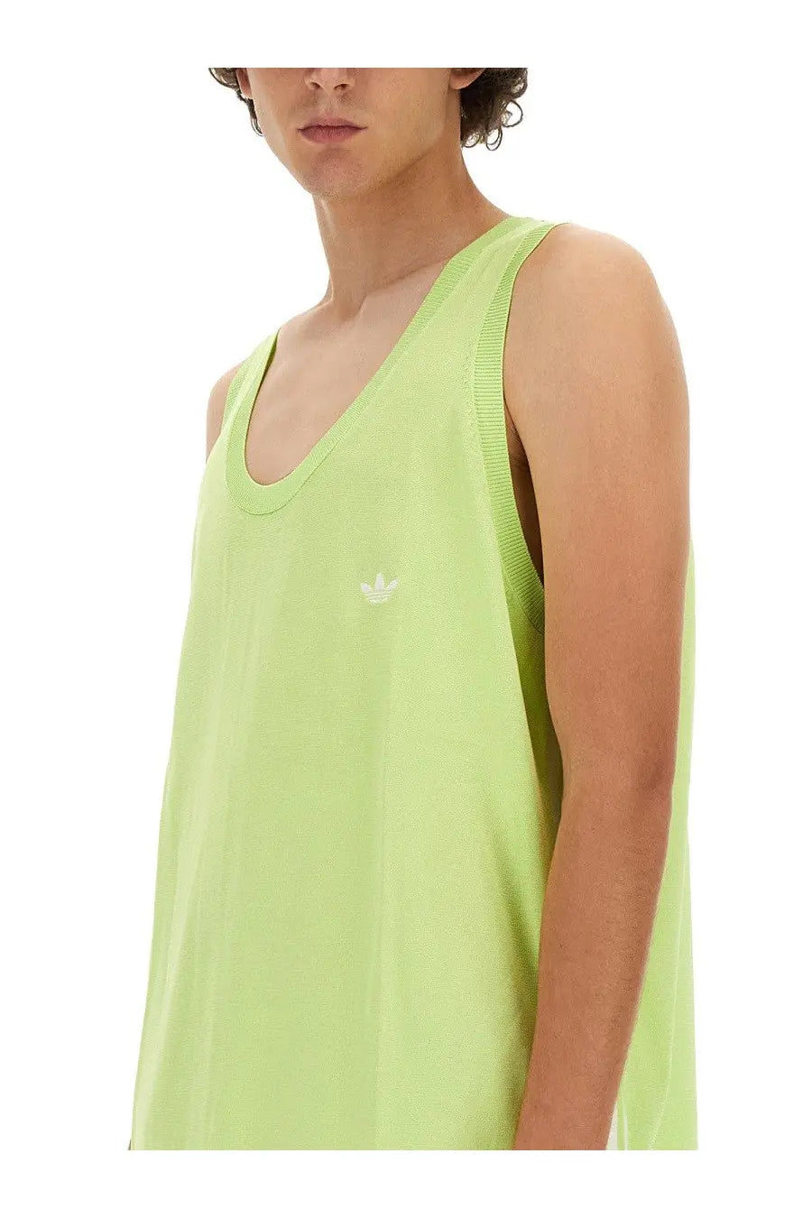 A light green adidas tank top with white trefoil logo and ribbed neckline trim from adidas Originals by Wales Bonner