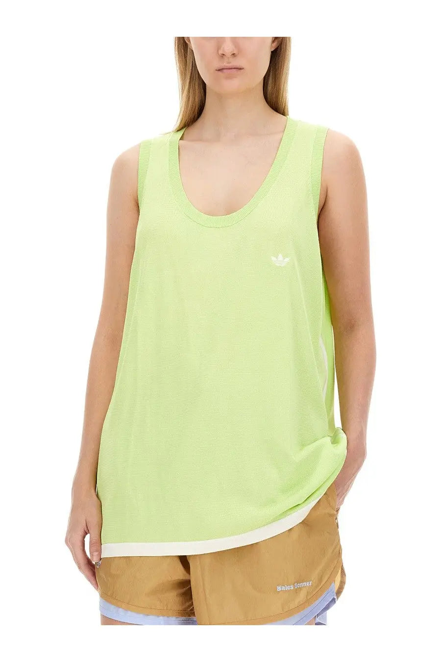 A light green adidas Originals by Wales Bonner unisex sleeveless knitted vest with white trim on hem and neckline