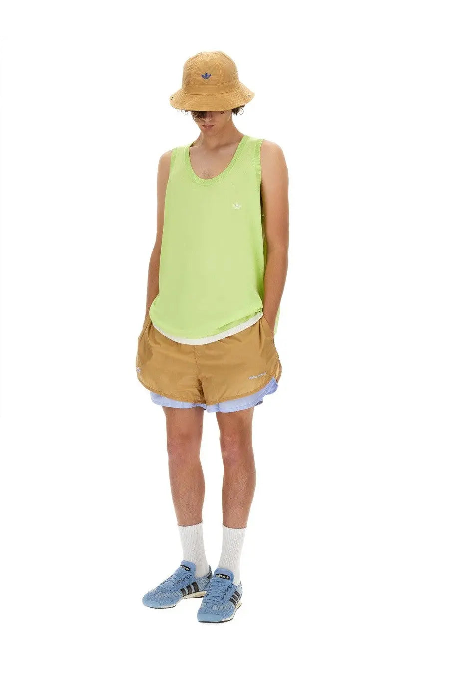 Adidas Originals by Wales Bonner unisex lime green knitted sleeveless tank top with white trim and chest logo