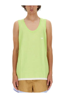 Adidas originals by wales bonner unisex knitted vest white in lime green with white trim and logo on left chest