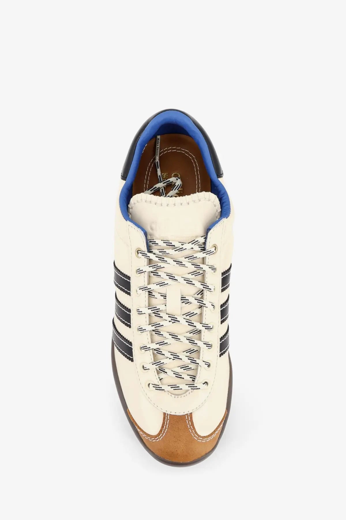 Cream-colored adidas Originals by Wales Bonner unisex WB Karintha OG leather sneakers with black stripes blue lining and brown suede toe cap