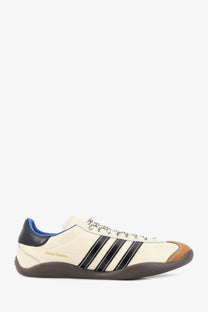 Cream-colored adidas Originals by Wales Bonner WB Karintha OG leather sneaker with black stripes blue heel tab brown toe cap