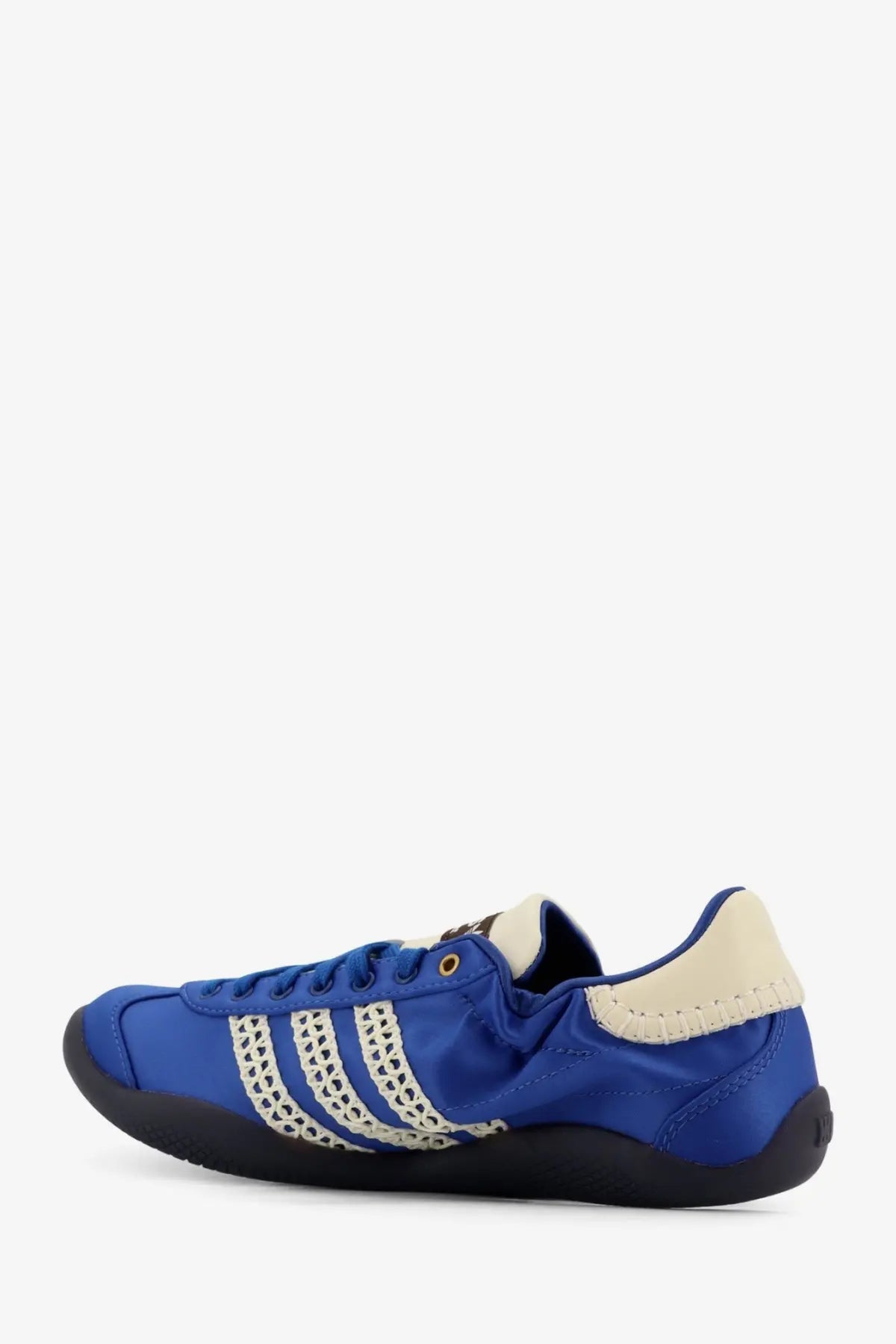 Blue adidas originals by wales bonner women’s satin sneakers with cream mesh stripes and black rubber sole