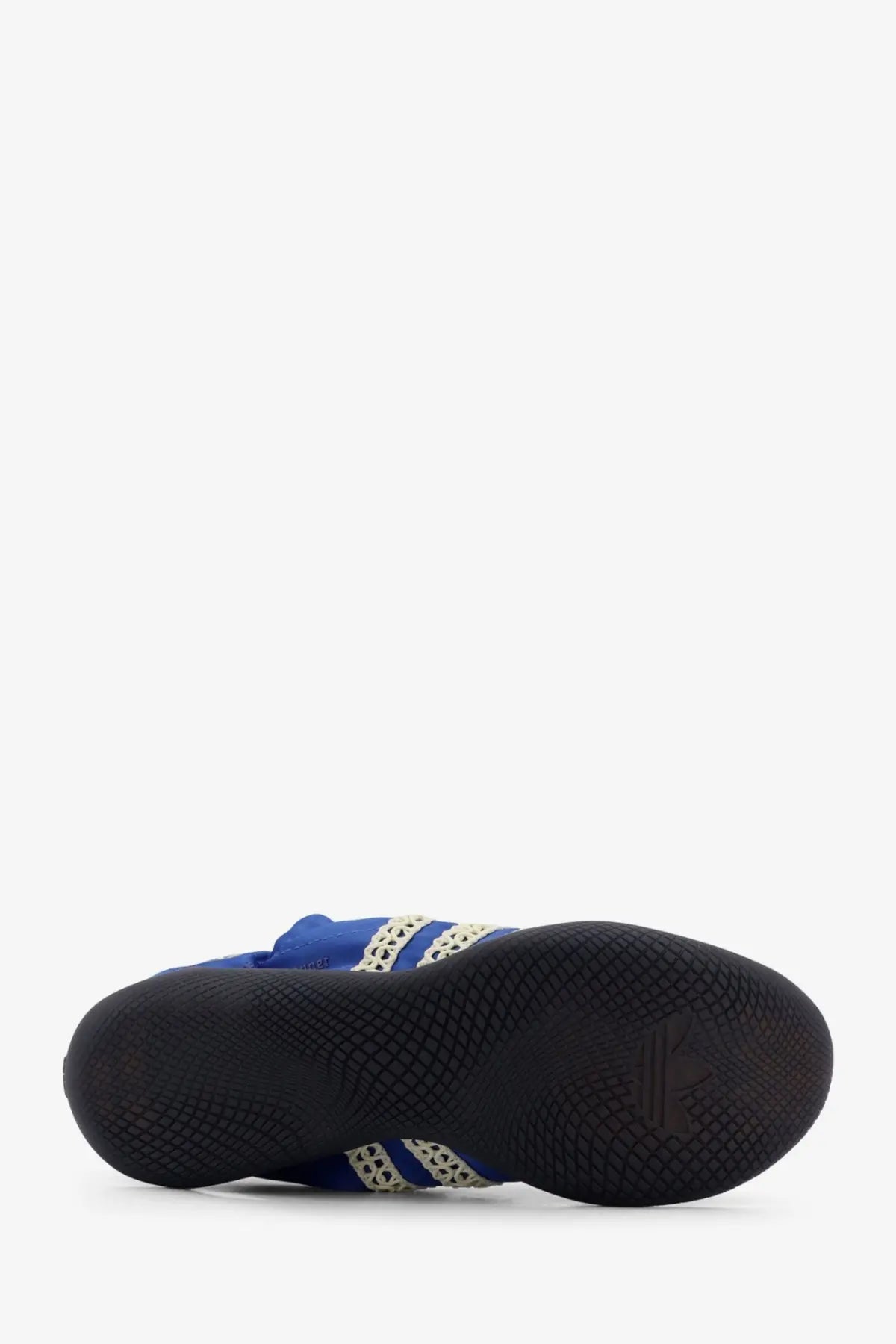 Blue adidas boxing shoe with black rubber sole and white mesh stripes from adidas originals by wales bonner