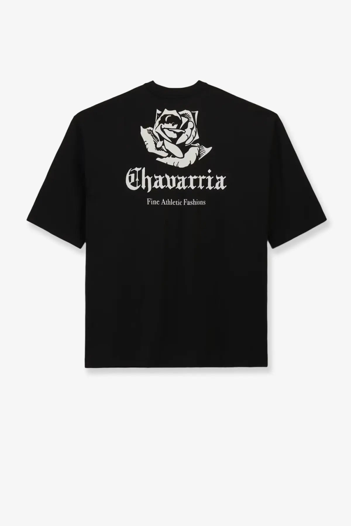 Black short-sleeved cotton t-shirt with white rose graphic and chavarria text by adidas Originals x Willy Chavarria