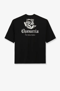 Black short-sleeved cotton t-shirt with white rose graphic and chavarria text by adidas Originals x Willy Chavarria